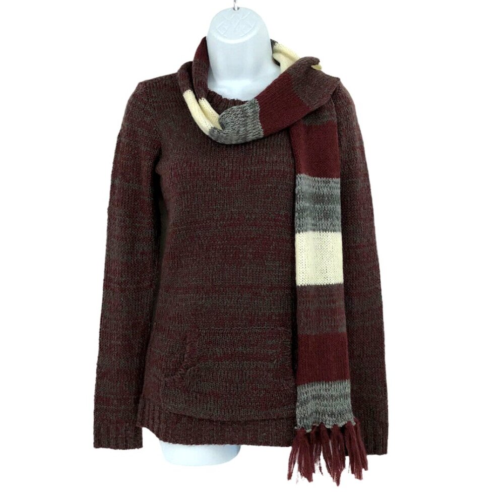 Derek Heart Marled Wine Grey Crew Neck Tunic Sweater Pocket Scarf Womens Sz S